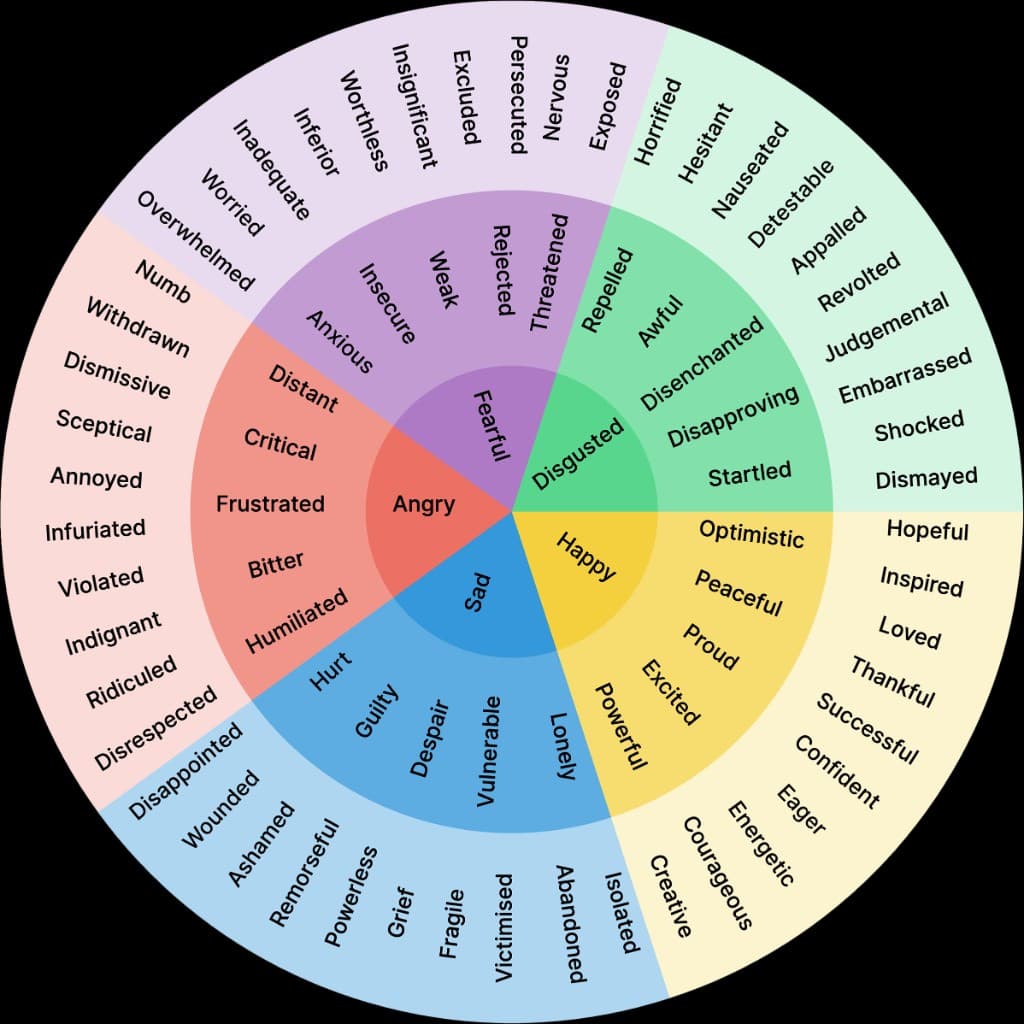 Emotions wheel: a circular chart with core feelings (happy, sad, angry, fearful, disgusted) at the center, fanning out to more specific emotion words in the outer rings